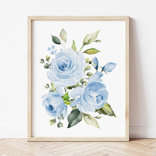 Blaue Blumen, Aquarellfarben-Blume, Junge Kinderzi Poster