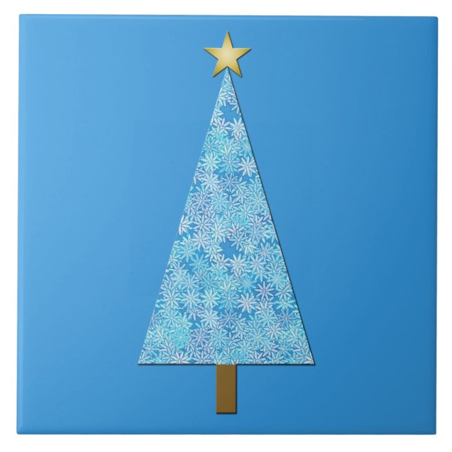 Blaue Blumen auf einem modernen Weihnachtsbaum Fliese (Vorderseite)