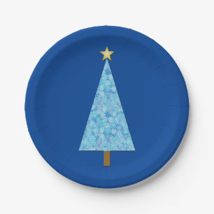 Blaue Blumen auf einer modernen Weihnachtsbaumplat Pappteller