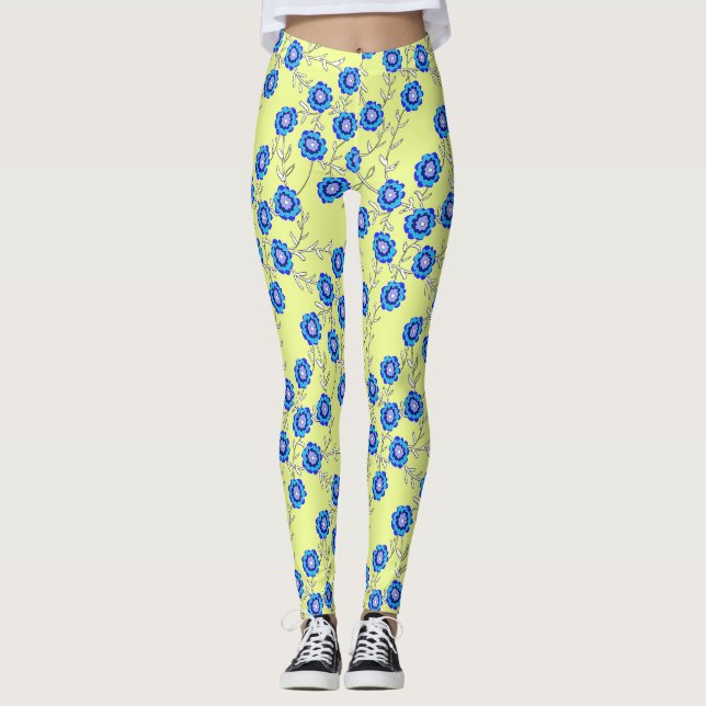 Blaue Blumen auf gelben Leggings (Vorderseite)