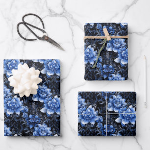 Blaue Blumen auf Schwarz Geschenkpapier Set