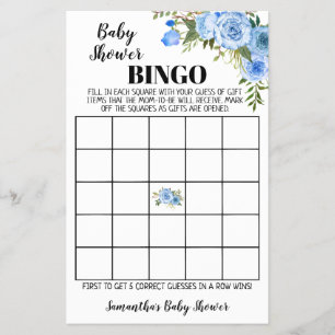 Blaue Blumen Baby Shower Bingo Spielkarte Flyer