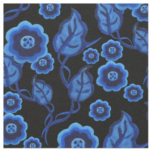 Blaue Blumen, blaue Blätter, Blumenkohl der Folk 2 Stoff