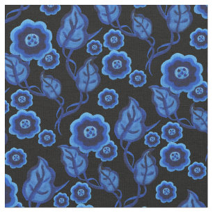 Blaue Blumen/blaue Blätter/Folkloreblumen/Schwarz Stoff
