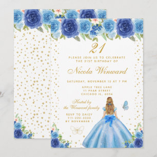 Blaue Blumen Blond Haar Prinzessin Geburtstagsfeie Einladung