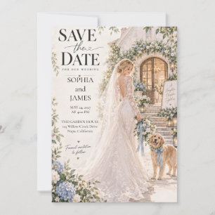 Blaue Blumen Braut und Hund Hochzeit Save the Date Einladung