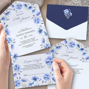 Blaue Blumen Buchwunsch Windelraffel Baby Shower All In One Einladung