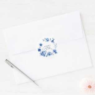 Blaue Blumen Chinoiserie Blütenblume Taufe Runder Aufkleber
