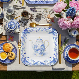 Blaue Blumen-Chinoiserie-Teekanne Weiden-Pagode Pappteller