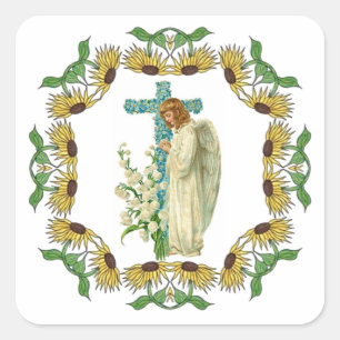 Blaue Blumen Christian Kreuz Quadratischer Aufkleber