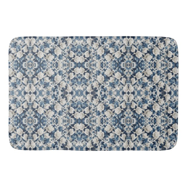 Blaue Blumen-Damaskus-Musterdecke Badematte (Vorderseite)