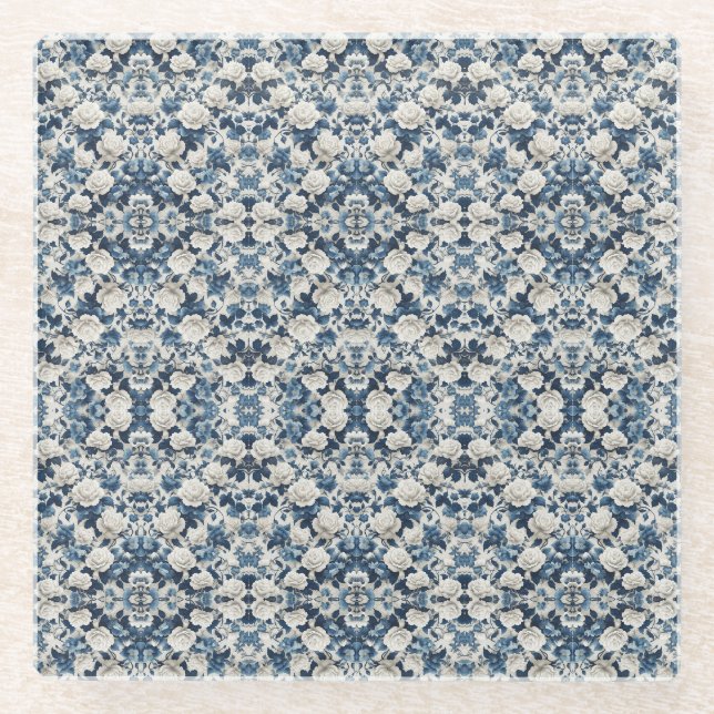Blaue Blumen-Damaskus-Musterdecke Glasuntersetzer (Vorderseite)