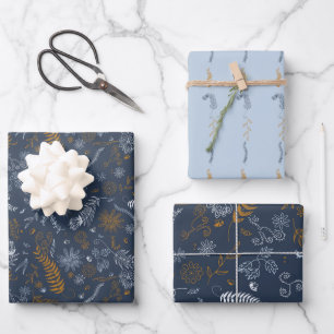 Blaue Blumen-Doodles Geschenkpapier Set