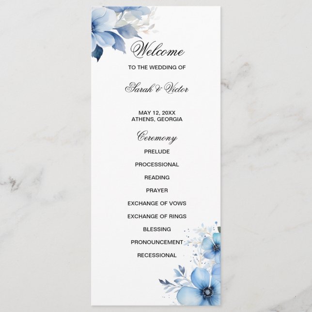 Blaue Blumen-Doppelseiten-Programmkarte  Programm (Vorderseite)
