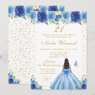 Blaue Blumen Dunkle Haut Prinzessin Geburtstagsfei Einladung