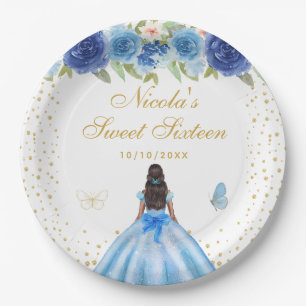 Blaue Blumen Dunkle Haut Prinzessin Sweet Sixteen Pappteller