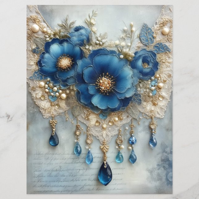 Blaue Blumen Edelsteine Junk Journal Scrapbook Pap (Vorderseite)
