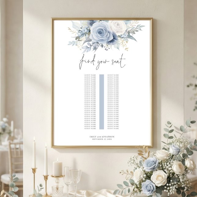 Blaue Blumen Einzeltisch Hochzeits-Sitzplan Poster (Von Creator hochgeladen)