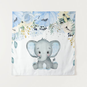 Blaue Blumen Elefant Kinderzimmer Baby Junge Wandt Wandteppich