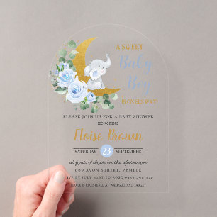 Blaue Blumen-Elefanten-Mond-Baby-Junge-Shower-Tor Acryleinladungen
