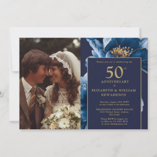 Blaue Blumen Elegante 50. Jubiläumsfoto Einladung
