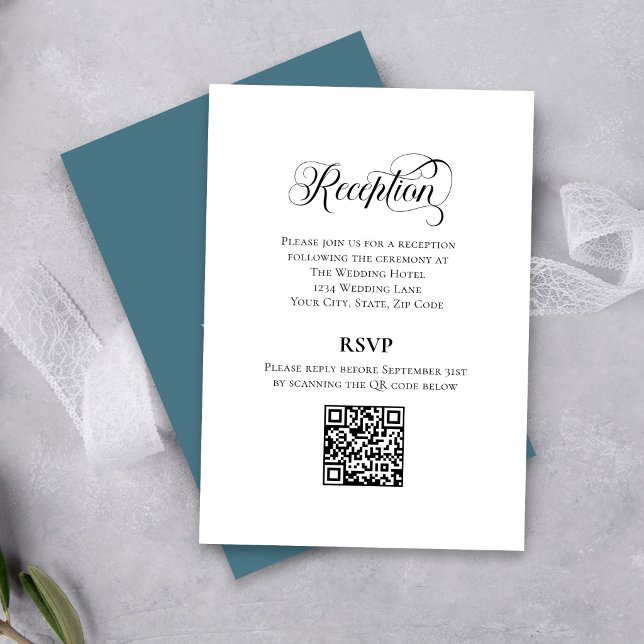 Blaue Blumen-Empfangs-QR-Code-RSVP-Karte Begleitkarte (Elegant reception RSVP card with QR code and modern calligraphy script design)