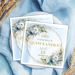 Blaue Blumen Eukalyptus Gold 15. Geburtstag Servie Serviette