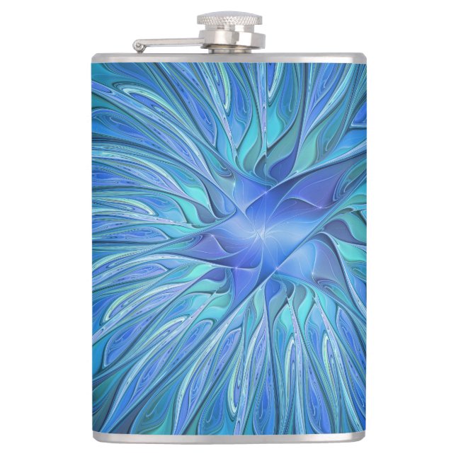 Blaue Blumen-Fantasie-Muster, abstrakte Fraktal-Ku Flachmann (Vorderseite)