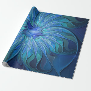 Blaue Blumen-Fantasie-Muster, abstrakte Fraktal-Ku Geschenkpapier