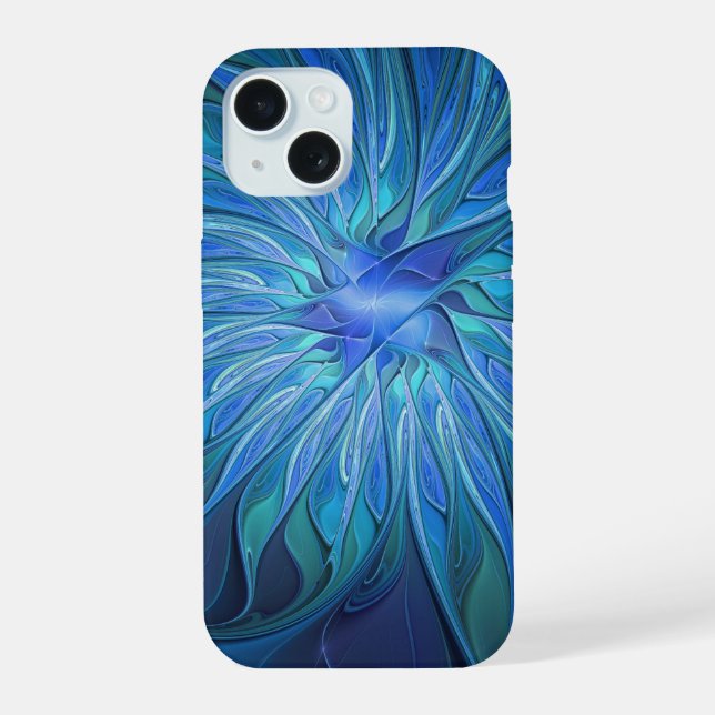 Blaue Blumen-Fantasie-Muster, abstrakte Fraktal-Ku iPhone 15 Hülle (Rückseite)