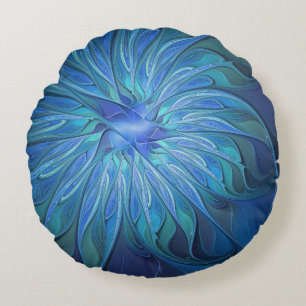Blaue Blumen-Fantasie-Muster, abstrakte Fraktal-Ku Rundes Kissen