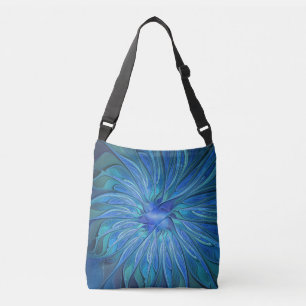 Blaue Blumen-Fantasie-Muster, abstrakte Fraktal-Ku Tragetaschen Mit Langen Trägern