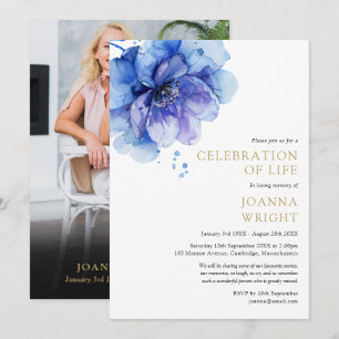 Blaue Blumen-Feier-des-Lebens-Begräbnis-Foto Einladung