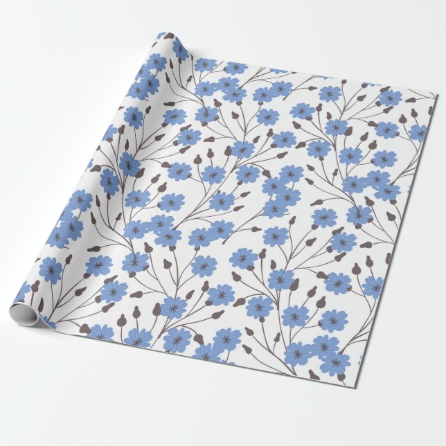 Blaue Blumen Geschenkpapier (Ungerollt)