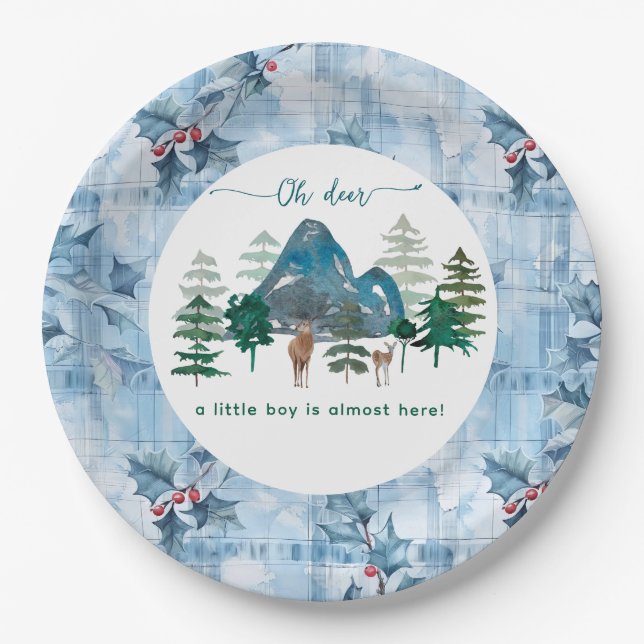 Blaue Blumen-Gingham Oh Hirsch Baby-Party  Pappteller (Vorderseite)