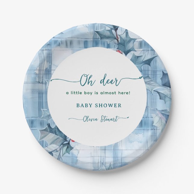 Blaue Blumen-Gingham Oh Hirsch Baby-Party  Pappteller (Vorderseite)