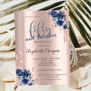 Blaue Blumen Glittertropfen Roségold 50. Geburtsta Einladung