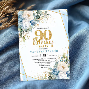Blaue Blumen Gold Akzent 90. Geburtstagseinladung Einladung