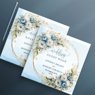 Blaue Blumen Gold Glitter Hochzeit Gästebuch
