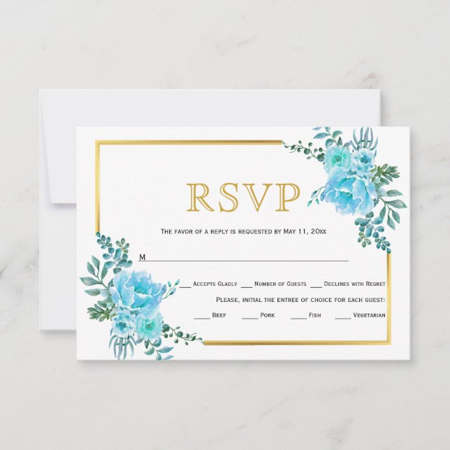 Blaue Blumen, Goldrahmen Hochzeit RSVP Karte (Vorderseite)