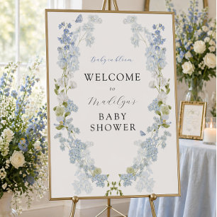 Blaue Blumen Grün Babyparty Willkommensschild Poster