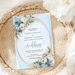 Blaue Blumen Grün Gold Glitter Hochzeitseinladung Einladung