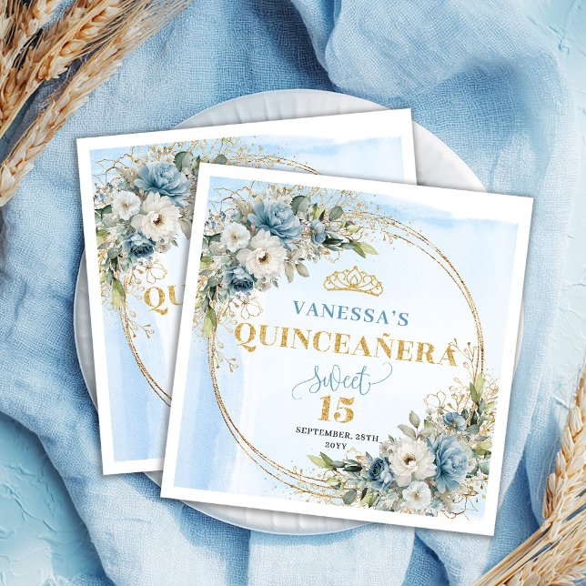 Blaue Blumen Grüne 15. Geburtstagsservietten Serviette (Light Blue Flowers Greenery 15th Birthday Napkins)