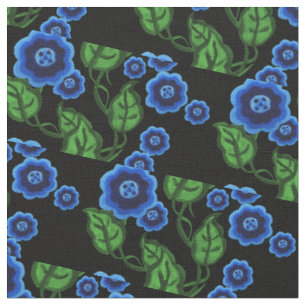 Blaue Blumen/grüne Blätter/Blumenkohl/Schwarz Stoff