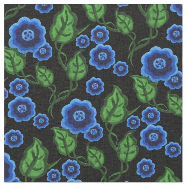 Blaue Blumen/grüne Blätter/Blumenkohl/Schwarz Stoff (Nahaufnahme)