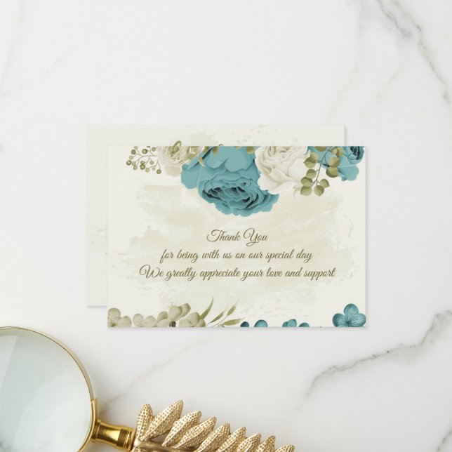 Blaue Blumen Grüne Hochzeit Dankeskarte (Vorderseite/Rückseite Beispiel)