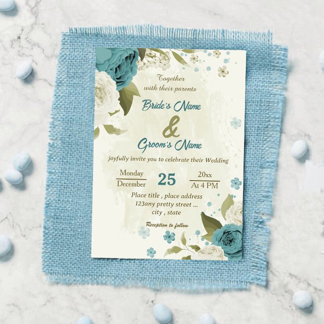 Blaue Blumen Grüne Hochzeit Einladung (Von Creator hochgeladen)