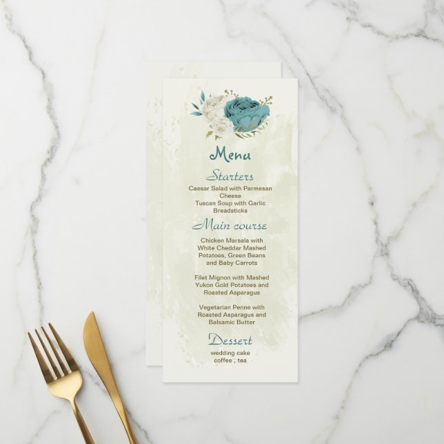 Blaue Blumen Grüne Hochzeit Menükarte (Vorderseite/Rückseite Beispiel)