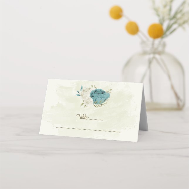 Blaue Blumen Grüne Hochzeit Platzkarte (Vorderseite)