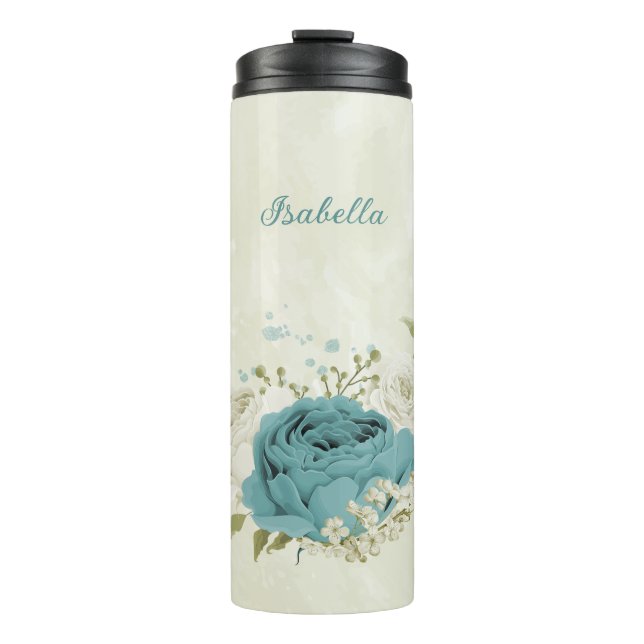 Blaue Blumen Grüne Hochzeit Thermosbecher (Vorderseite)